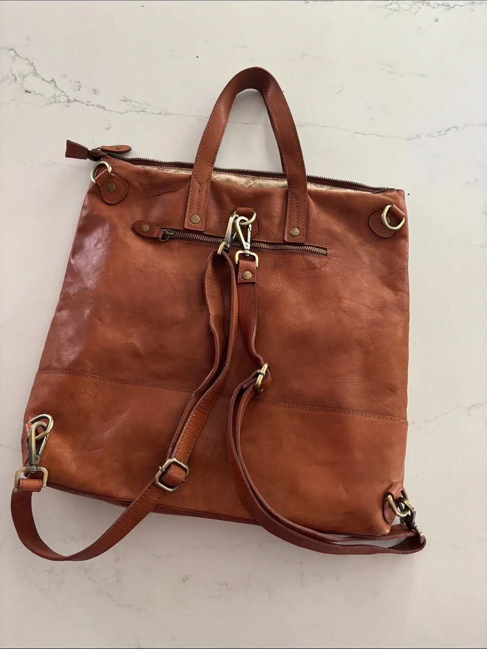 Leather Convertible Tote Backpack - Rust Brown